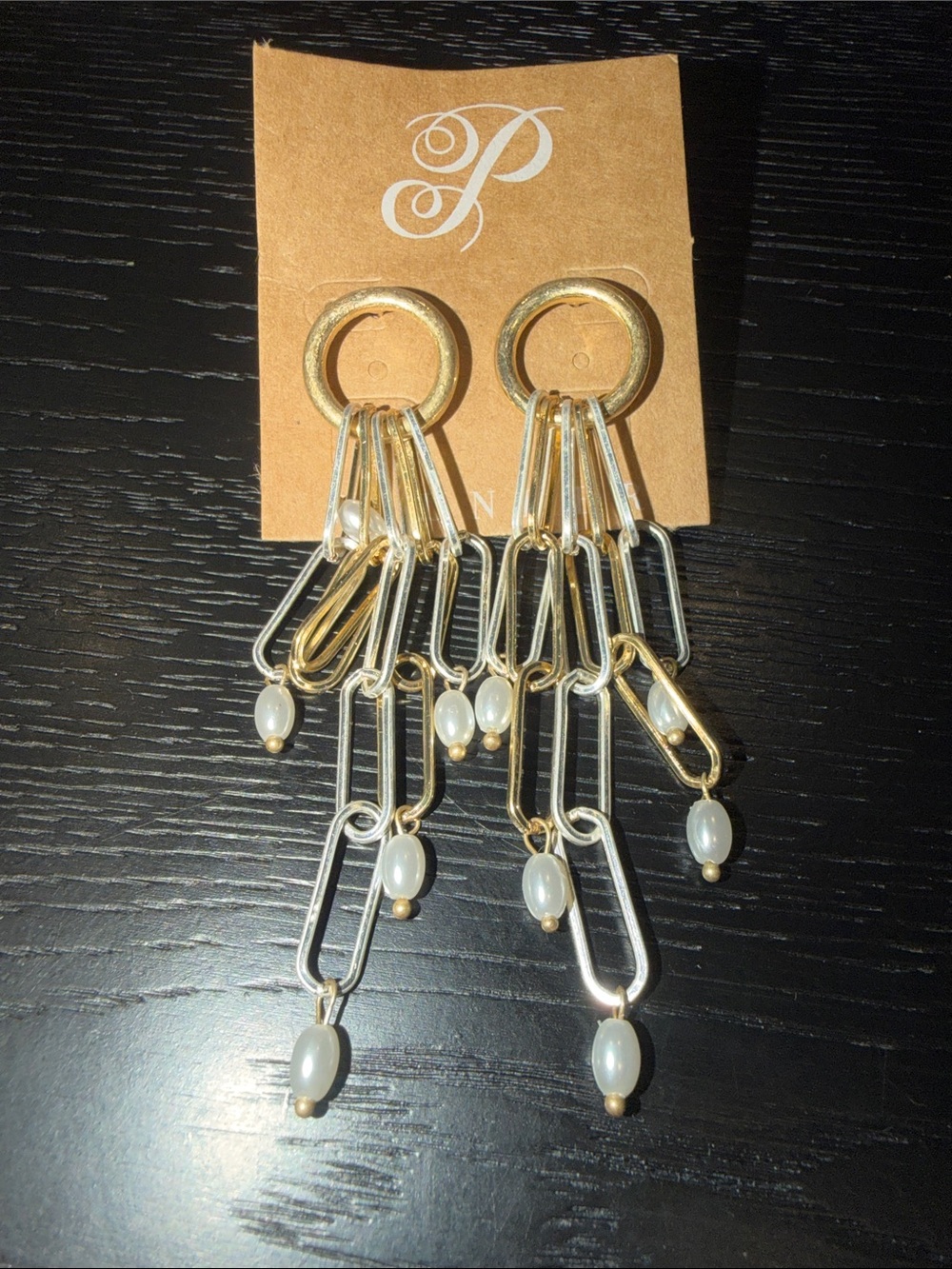 Pomelo Gold & Silver Mixed-Metal Dangle Earrings with White Pearlescent Beads